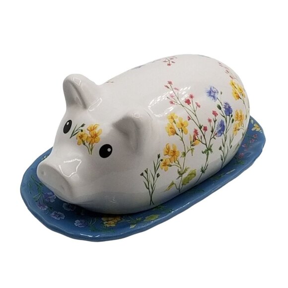 Covered Butter Dish Floral Pig Ceramic Farmhouse Country Cottagecore Chipped - Picture 3 of 13